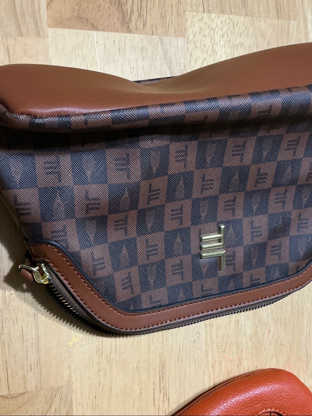 Tommy Hilfiger Brown and Tan Toiletry Pouch with Logo Plaque